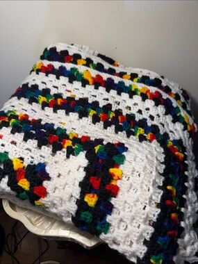 Handmade Crochet Multicolor Accent Throw Blanket - White & Rainbow